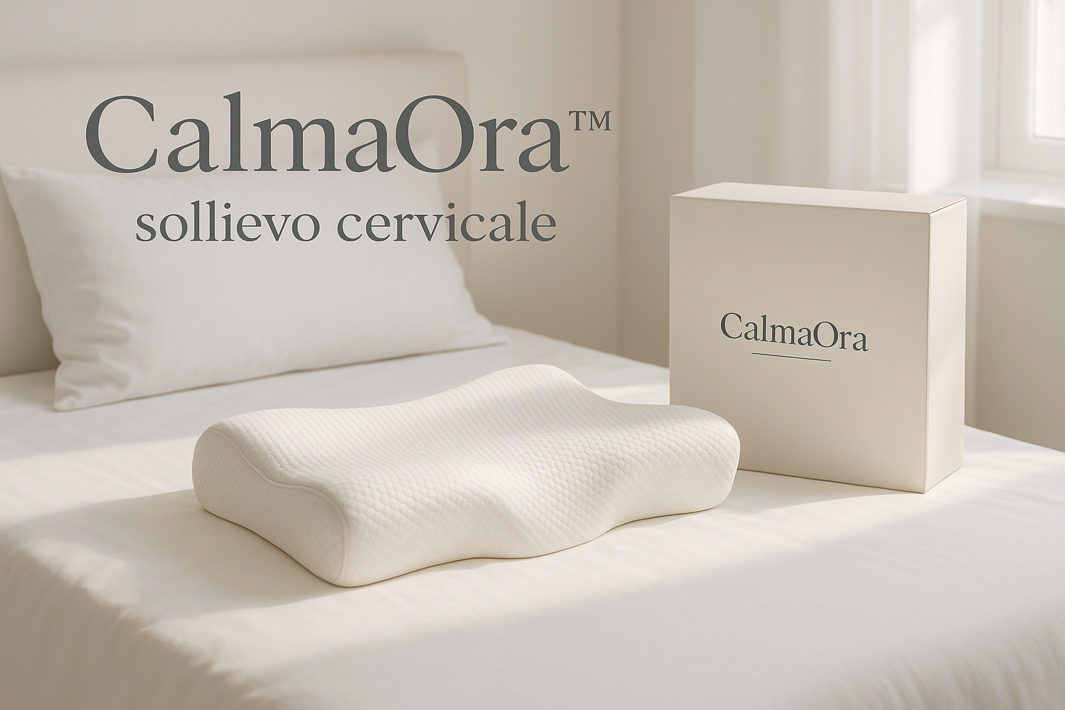 A premium memory foam orthopedic pillow on a white bed, with branded packaging box next to it. Clean modern bedroom, natural lighting. Text overlay: 'CalmaOra™ – sollievo cervicale"