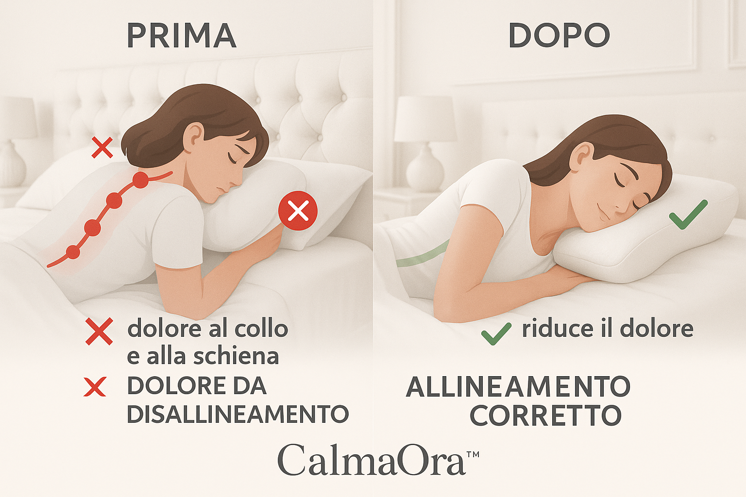 Before and After spine alignment illustration: left side shows bad posture with red pain indicators, right side shows straight spine sleeping on ergonomic pillow. Clean infographic style, to a woman , in a luxory nice white place, and write "prima" up with a x red "dolore al collo e alla Schiena" x "Dolore da Disallineamento". down "dopo" with a v " riduce il dolore" v "allineamento corretto" and down the picture as a logo the name CalmaOra™