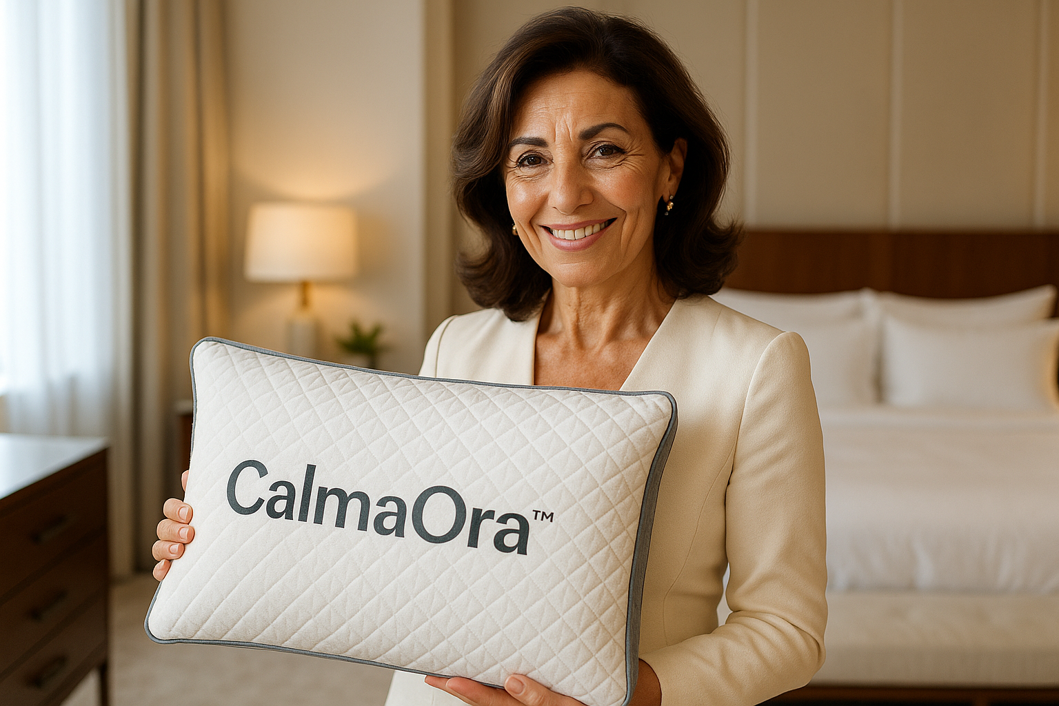 Crea un’immagine realistica e ad alta qualità per la homepage. Mostra una donna italiana di circa 50 anni, elegante e sorridente, che tiene in mano il cuscino CalmaOra™ oppure una borsa con il logo CalmaOra™ ben visibile. Ambientazione: una camera da letto di lusso, moderna e luminosa, con dettagli raffinati (lenzuola bianche, arredi di design, atmosfera accogliente). Lo stile deve essere realistico, professionale ed emozionale, perfetto per una homepage e-commerce premium.