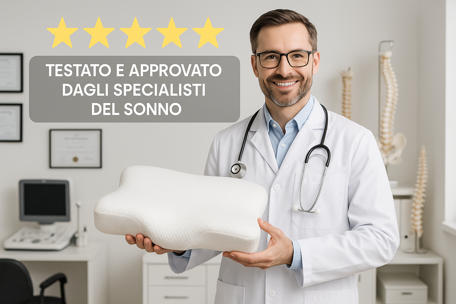 doctor ortopedic with a ortopedic pillow in his hand in his clinic studio, 5 stars and say "testato e approvvato dagli specialisti del sonno"