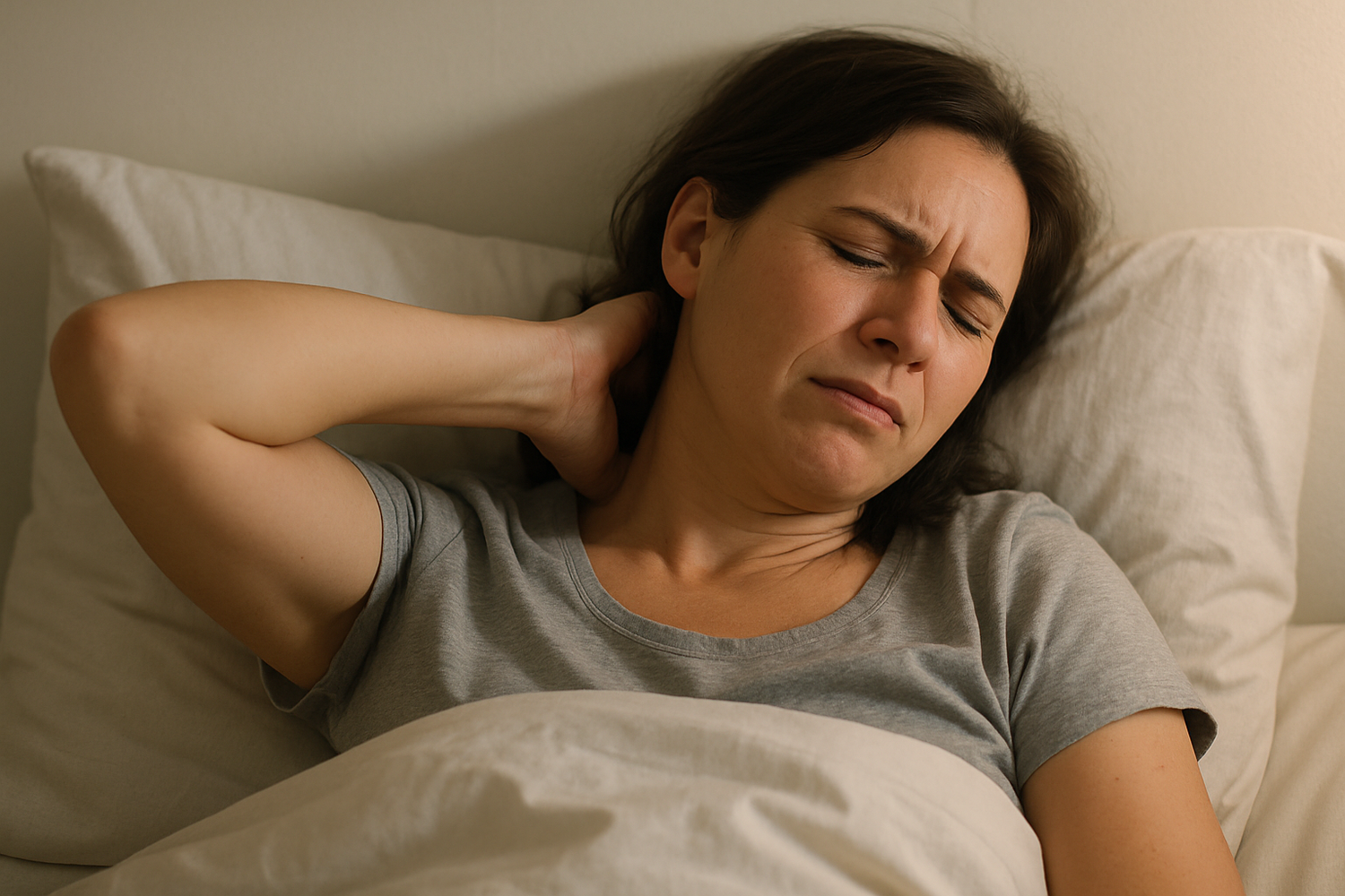 Donna adulta a letto, occhi chiusi, mano sulla testa come se avesse dolore cervicale, espressione di sofferenza e stanchezza, camera da letto luminosa ma semplice, cuscino visibile sotto la testa, realistica, inquadratura a mezza figura, stile fotografico realistico, focus sul volto e sulla postura del corpo per comunicare disagio e dolore al collo, luci morbide, atmosfera tranquilla ma che trasmette disagio notturno, colori naturali