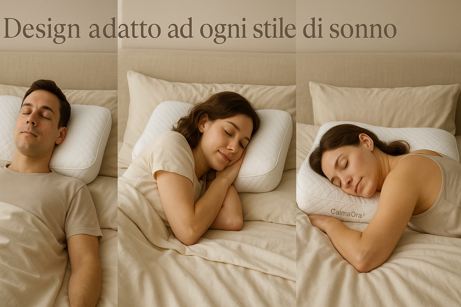 hree side-by-side illustrations of people sleeping in different positions on a premium orthopedic pillow: one on the back, one on the side, one on the stomach. Each person has a relaxed, peaceful expression. Soft luxury bedroom background in neutral tones. Overlay text in Italian: 'Design adatto ad ogni stile di sonno'. Branded CalmaOra™ pillow visible in each scene."