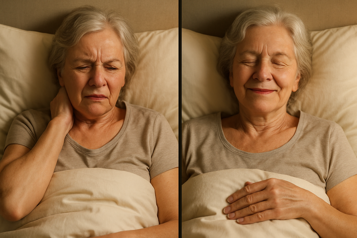 Old woman in bed, left side touching her neck in pain with a suffering face, right side relaxed and smiling with a satisfied face, split-screen style, realistic