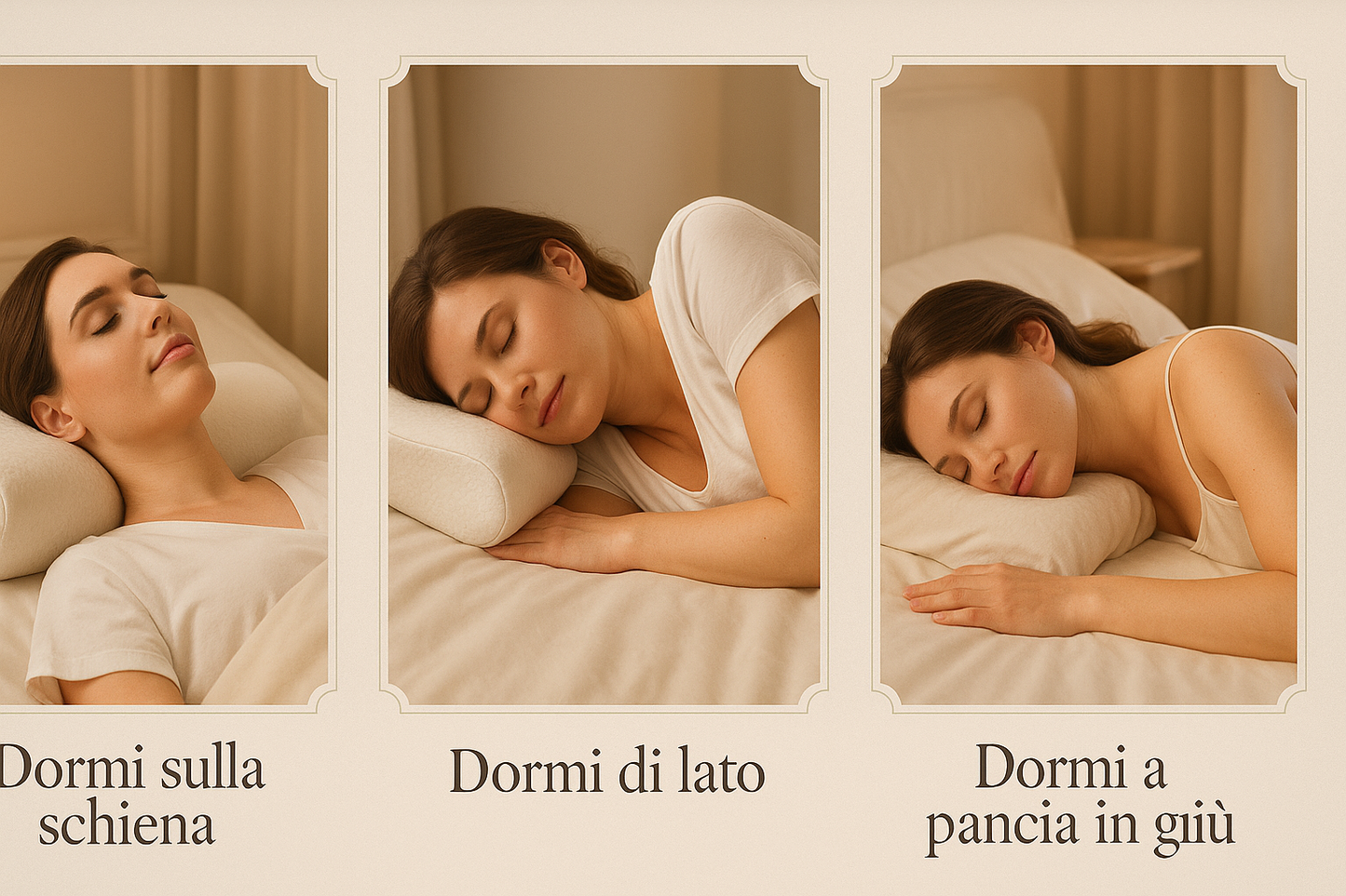 Three elegant square frames:
Person sleeping on their back using a contoured orthopedic pillow.
Person sleeping on their side with shoulder supported by ergonomic pillow.
Person sleeping on their stomach comfortably, face turned slightly.
All scenes in a soft, luxury bedroom environment with warm tones. Use the same pillow in each position. Overlay text in Italian for each:
'Dormi sulla schiena'
'Dormi di lato'
'Dormi a pancia in giù'"*